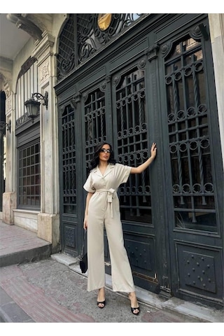 Ahes Shopping Keten Tulum Bel Bağlama Detaylı - Krem Krem