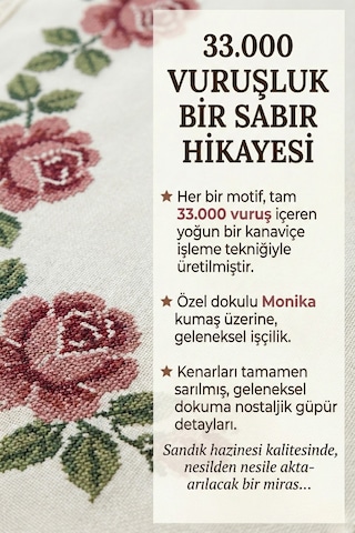 Handmade Kanaviçe İşlemeli Güpürlü Masa Örtüsü Monika Kumaş Nostalji Serisi Ekru
