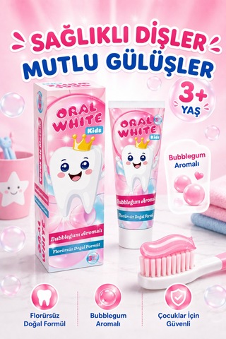 Oral White Kids Çocuk Diş Macunu 3+ Yaş Bubblegum Aromalı Florürsüz Doğal Formül 50 Ml Tam Koruma