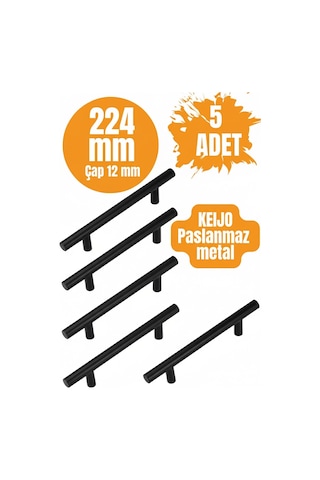 5 Adet Keijo Siyah 224mm Paslanmaz Kulp Mobilya, Dolap Kulbu, Kulp Modeli Mat Siyah