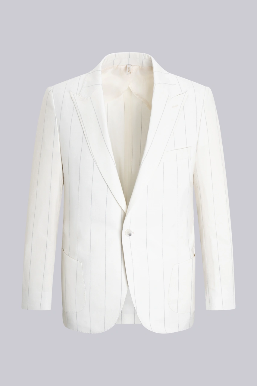 Beyaz Slim Fit Sivri Yaka Çizgili Keten Casual Takım Elbise Beyaz