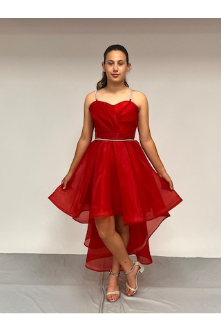 Kız Çocuk Abiye Kırmızıtaş Kordon Askılı Kalp Yaka Kuyruklu Şifon Abiye Elbise 9-16 Yaş Kırmızı