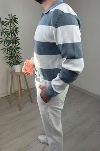 Explode - Erkek Mavi - Ekru Şerit Desenli Polo Yaka Oversize Triko Kazak Mavi