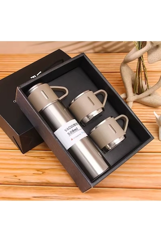 Dekorasyaa Paslanmaz Çelik 3 Bardaklı Termos 500 Ml - Metal Renk - Çanta Hediyeli - 12 Saat Sıcak Soğuk Metalik