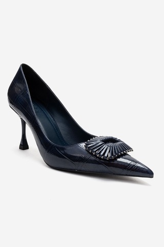 Luvishoes Rebel Lacivert Baskılı Tokalı Kadın Topuklu Ayakkabı Lacivert