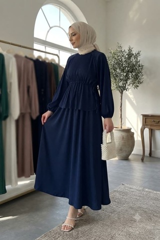 Maşuka Bürümcük Kumaş Bel Büzgülü Peplum Üst Ve Maksi Etekli Şık Ve Rahat Tesettür İkili Takım Lacivert Lacivert