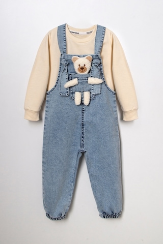 Unisex Çocuk Askısı Bağlamalı Teddy Oyuncaklı 2'li Kot Salopet 001