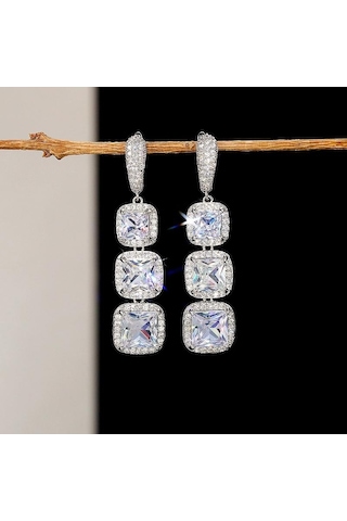 Yeşil Pomoiii Üç Kare Zirkon Damla Küpe Kadın Moda Lüks Gelin Düğün Parti Beyaz/mavi/yeşil/kırmızı Küpe Takı Çok Renkli