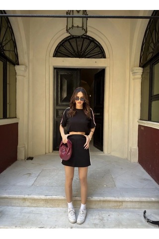 Osy Modal Yumuşak Dokulu Kumaş Kadın Parçalı Bisiklet Yaka T-shirt Mini Şortlu Etek İkili Takım - Si Siyah