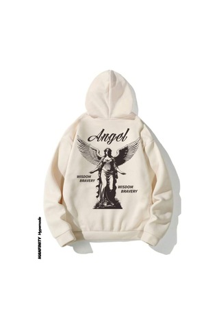 Unisex Bej Sırt Angel Baskı Kapüşonlu Sweatshirt 001
