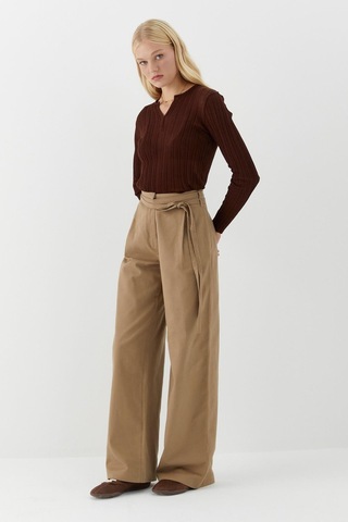 Kemer Detaylı Yüksek Bel Palazzo Pantolon Bej Bej