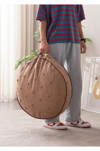 Çok Amaçlı Puantiyeli Keten Yer Bahçe Minderi Fermuarlı İç Dolgulu Yıkanabilir 60x67 Kahverengi