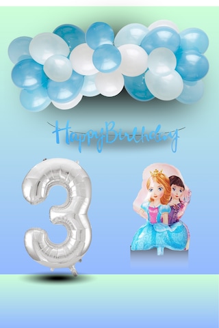 3 Yaş Frozen Tema İkili Prenses Folyo Balon Mavi Beyaz Balon Gümüş Rakam Mavi Banner Doğum Günü Seti Çok Renkli