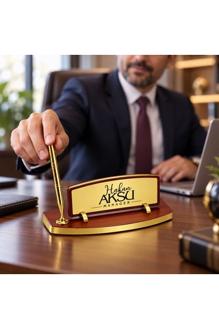 Bk Gift Kişiye Özel Kalemli Ahşap Masa İsimliği Gold Plakalı Bk26 -3 Çok Renkli