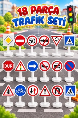 18 Parça Çocuklar İçin Eğitici Trafik İşaretleri Levhaları Seti 12.5 Cm Trafik Eğitim Ve Oyun Seti