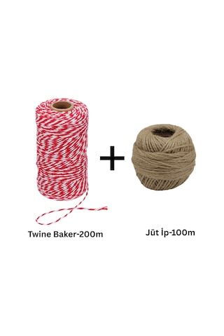 Kırmızı Beyaz Twine Baker 200 M Ve Jüt İp 100 M Seti Hediye Paketleme, Ambalaj Ve Süsleme İpleri