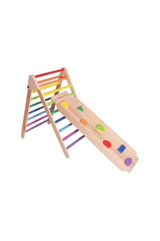 Woodnjoy Ahşap Merdiven Ve Geometrik Tırmanma Rampası & Kaydırak Setimiz 2'li Set Renkli