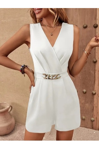 The İstanbul Kadın Sıfır Kollu V Yakalı Cep Detaylı Ithal Krep Tulum Beyaz