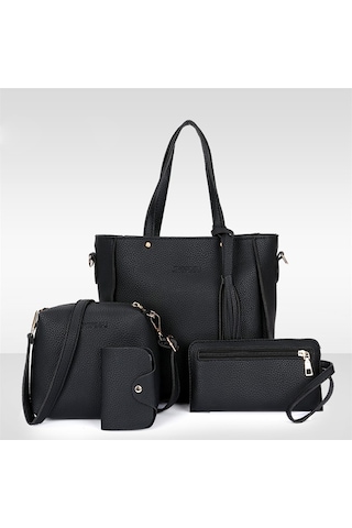Parçalı Çanta Seti Kadın Pu Deri Omuz Çantası Dört Parça Siyah Diğer