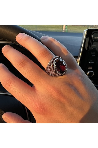 Gümüş Kırmızı Zirkon Taşlı Erkek Yüzük Gümüş - Altın
