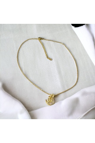 Kadın Çelik Ayyıldızlı Beyaz Zirkon Taşlı Altın Renk Kolye Çelik