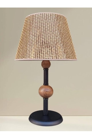 Çift Ahşaplı Abajur Siyah Rattan Kahve Rengi Şapkalı Siyah