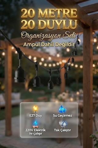 20 Metre 20 Duy Organizasyon Seti E27 Dış Mekan Uyumlu 220v Bahçe Teras Festoon Ampulsüz Işık Zinciri Tak Çalıştır Siyah