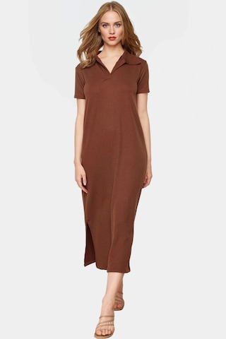 Ersefa Günlük Kullanım İçin Şık Polyester Midi Elbise Polo Yaka Görünüm Kahverengi
