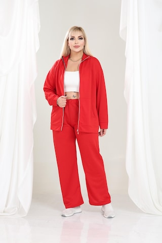 Kadın Büyük Beden Fermuarlı Uzun Kollu Rahat Günlük Eşofman Takım Kırmızı