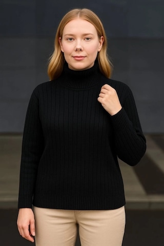 Balıkcı Yaka Bağazlı Triko Kazak Pamuklu Kalın Fitilli Dokuma - Siyah Siyah