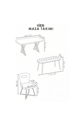 Vien Mutfak Masası Takımı 6 Kişilik Benchli Camlı Mutfak Masası Siyah Gri Siyah Gri