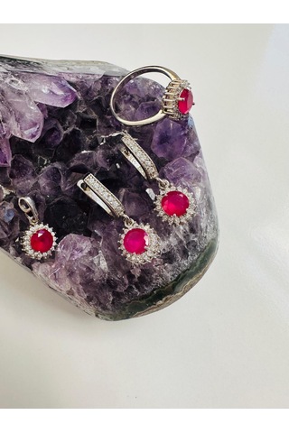 Gümüş Set Takım Pırlanta Görünümlü Kök Yakut Ve Zirkon Taşlı