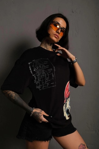 Assema Kadın Mario Baskılı T-shirt Oversize Kısa Kol Bisiklet Yaka Tişort - Siyah Çok Renkli
