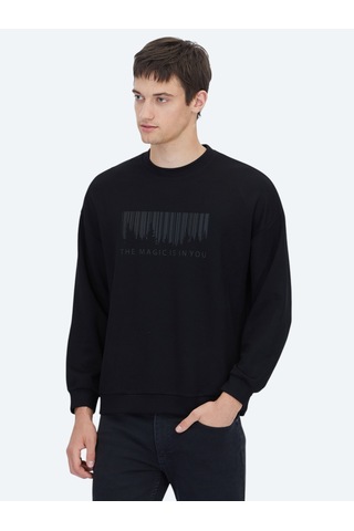 Kip Siyah Bisiklet Yaka Baskılı Sweatshirt Siyah -