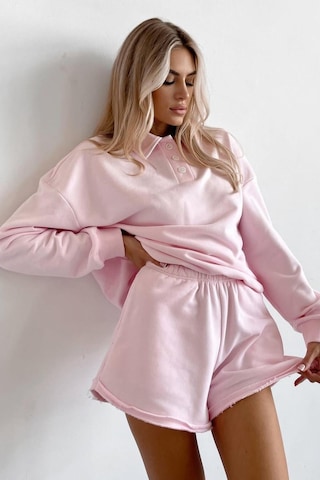 Madmext Pembe Polo Yaka Kadın Şort Sweatshirt Takım Mg2375