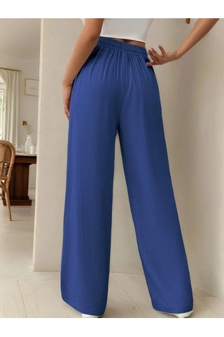 Gülsüm Aydın Kadın Yüksek Bel Bağcıklı Geniş Paçalı Uzun Bürümcük Pantolon Mavi