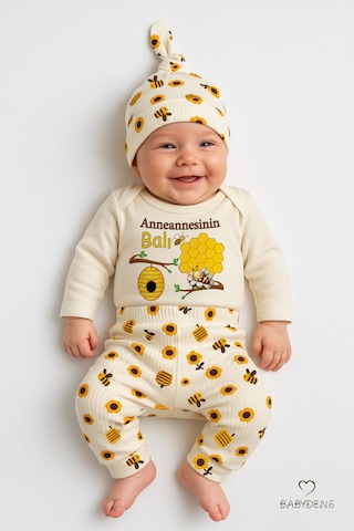 Babyden's Anneannesinin Balı 3 Lü Yenidoğan Takım Pamuklu Uzunkol Body,çiçek Arı Desenli Pantolon,bere Ekru