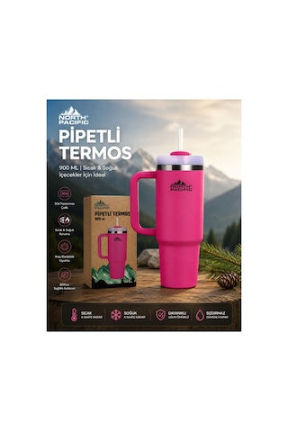 North Pacific 900 Ml Pipetli Paslanmaz Çelik Termos Bardak Pembe Çift Katmanlı Vakumlu Seyahat Kupası Pembe