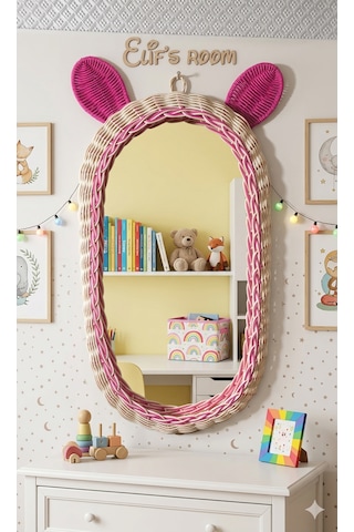 Rattan Bambu Çocuk Odası Pembe Kulaklı Boy Aynası Ekru