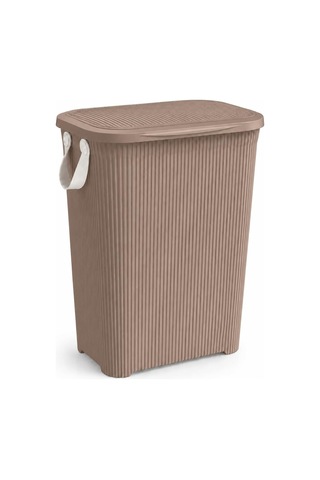 45 L Kapaklı Kirli Çamaşır Sepeti Modern Çizgili Tasarım Taşıma Kulplu Dayanıklı Plastik Banyo, Çamaşır Odası Ve Yatak Odası İçin 40 X 34 X 47 Cm, Kahve Çok Renkli