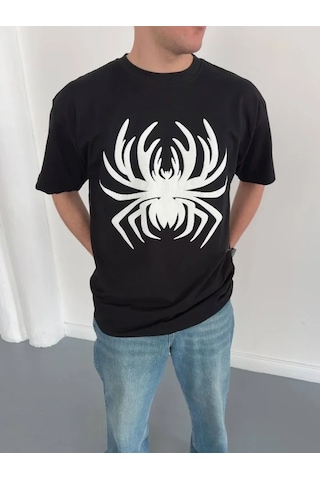 Efnaz Style Erkek Örümcek Baskılı Tişört Kısa Kollu Bisiklet Yaka T-shirt - Siyah