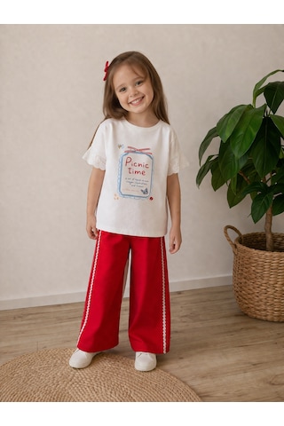 Bellamio Kids Kısa Kollu Kolları Brodeli Kız Çocuk Alt-üst Takım Kırmızı - Beyaz