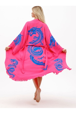 Befera Dragon Müslin Kimono Pamuklu Ejderha Baskılı Desenli Bornoz Kaftan Sabahlık Fuşya