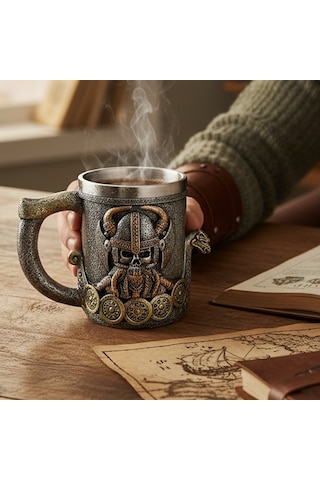 Viking Miğferli Savaşçı Figürlü Kupa Paslanmaz Çelik İç Hazne Diğer