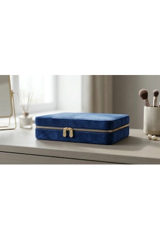 Takı Kutusu Düzenleyici Seyahat Çantası Kolye Yüzük Küpe Organizer Kadife Lacivert 22cmx17cm