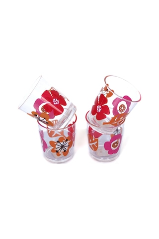 Sıa Su Bardağı 4 Lü Set Kırmızı Papatya Desenli