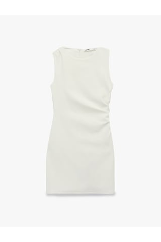 Koton Slim Fit Kolsuz Drape Detaylı Bisiklet Yaka Mini Elbise Beyaz 6sak80033pk