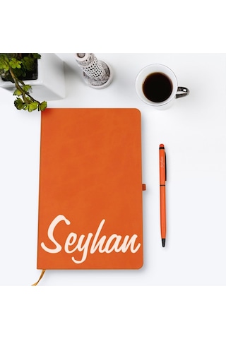 Bitmeyenkartus Kişiye Özel El Yazılı Turuncu Termo Deri Defter Kalem Seti Model (536102549)