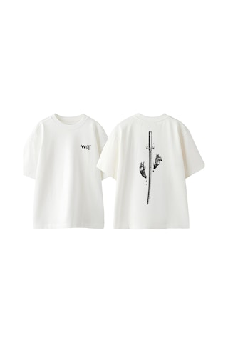 Thewert Samuray Kılıcı Ve Kalp Tasarım Sırt Baskılı Pamuk Beyaz Oversize T-shirt