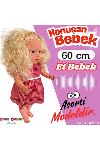 Oynar Gözlü Türkçe Konuşan Nazlı Saçlı Et Bebek 60 Cm. - Konuşabilen Bebek - Saçlı Büyük Bebek 001
